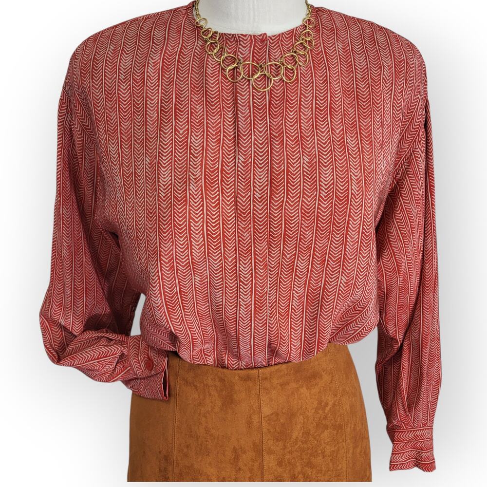 Vintage Ellen Tracy Silk Blouse Size 8 Petite Red Chevron Stripe Print Top 90s